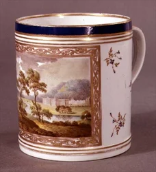 Pinxton mug, painted with a view of Chatsworth, c.1800